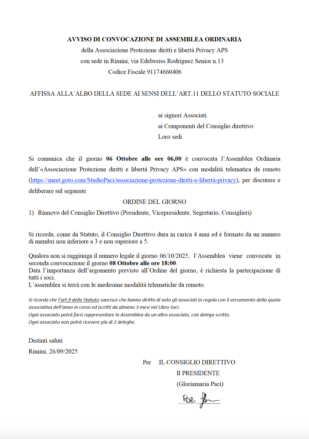 Convocazione Assemblea Ordinaria Ottobre 2025